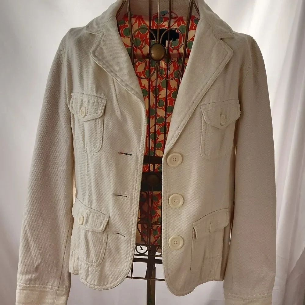 Boden Size 10 Cotton Winter White Textured Fabric Blazer With Notched Collar